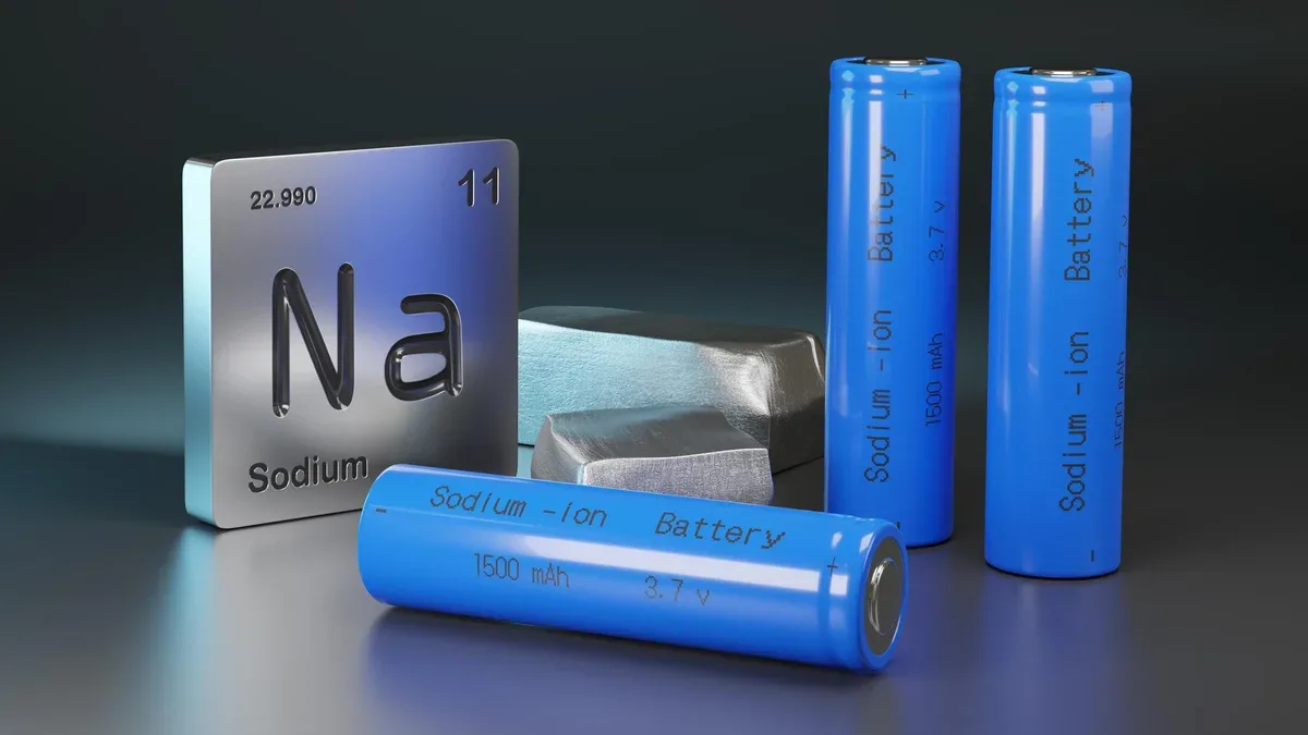 Batteries à ions sodium symbole métallique du sodium et de l'élément illustration 3D