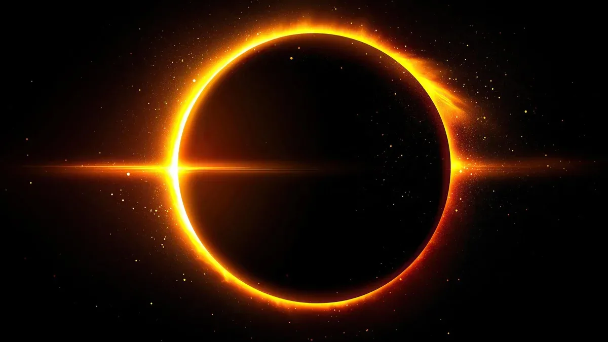 une éclipse solaire époustouflante avec une couronne dorée brillante et un ciel sombre