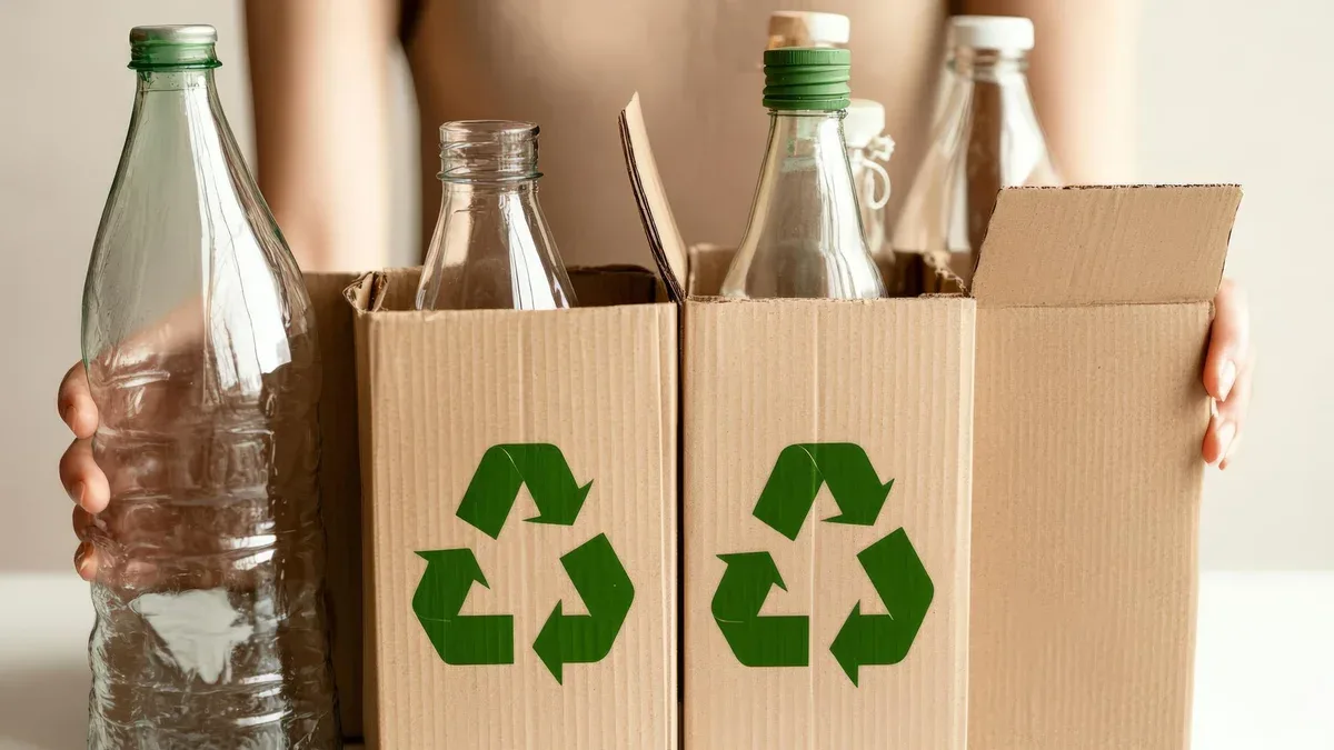 Une personne tient des boîtes pour le recyclage de bouteilles en verre promouvant la durabilité environnementale