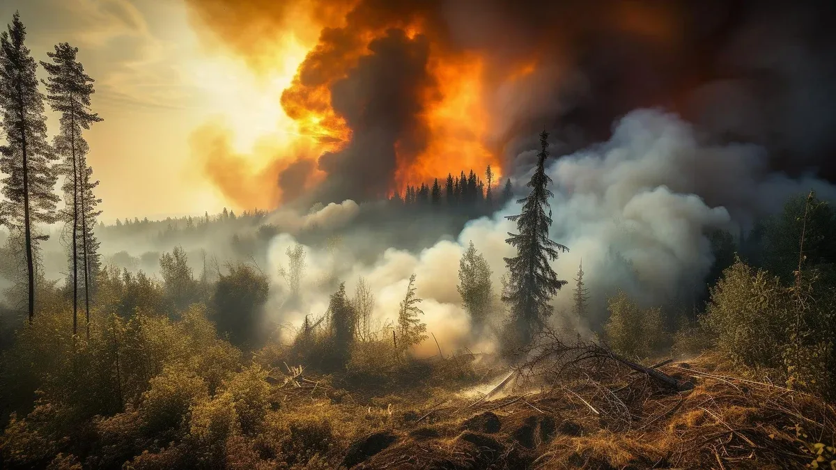Un feu en arrière-plan avec une forêt en arrière-plan.