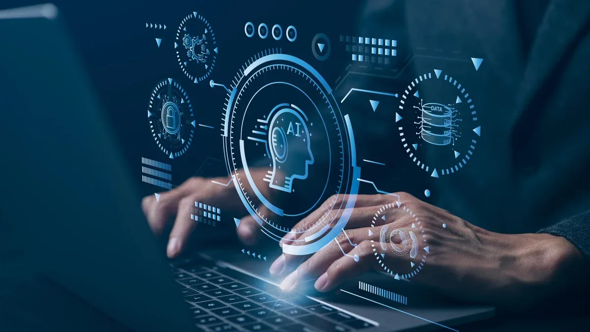 Chatbot Chat avec AI ou technologie d'intelligence artificielle Homme d'affaires utilisant un ordinateur portable en train de discuter avec une intelligence artificielle intelligente Technologie futuriste automatisée chatbot Smart Ai