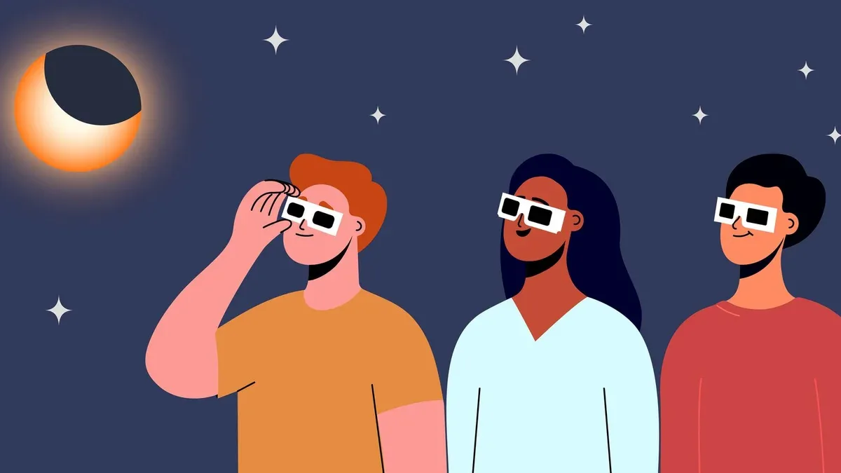 Une femme portant des lunettes de sécurité regarde une illustration vectorielle d'éclipse solaire partielle
