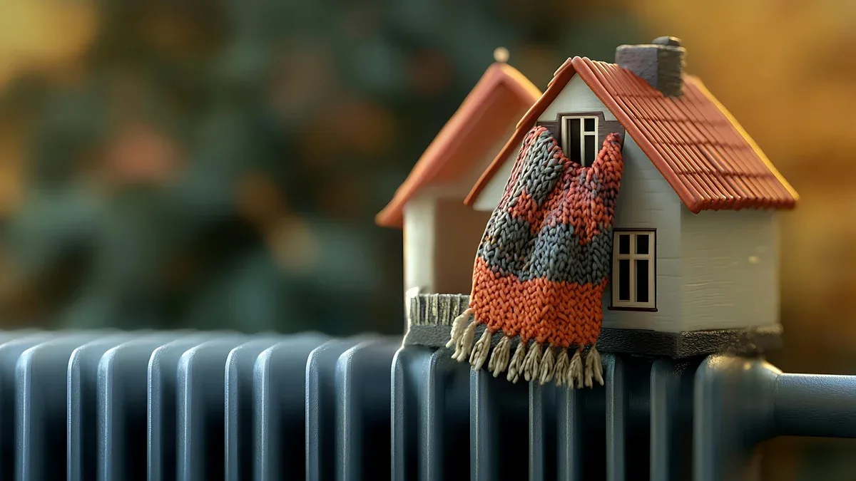Il y a une petite maison sur un radiateur avec un foulard dessus.