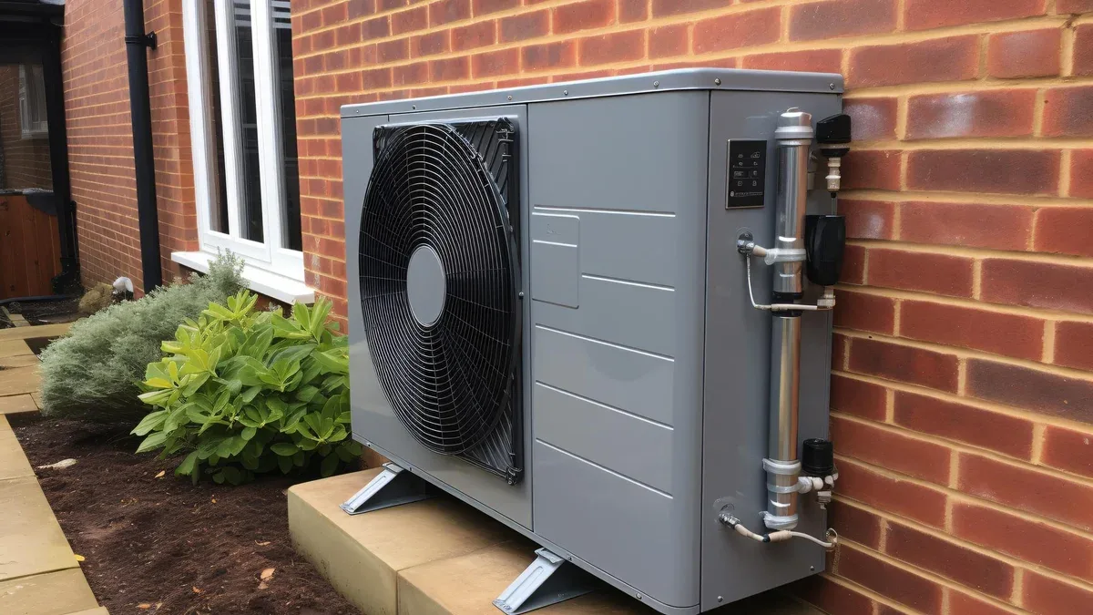 Installation extérieure d'une pompe à chaleur dans un complexe résidentiel récemment construit