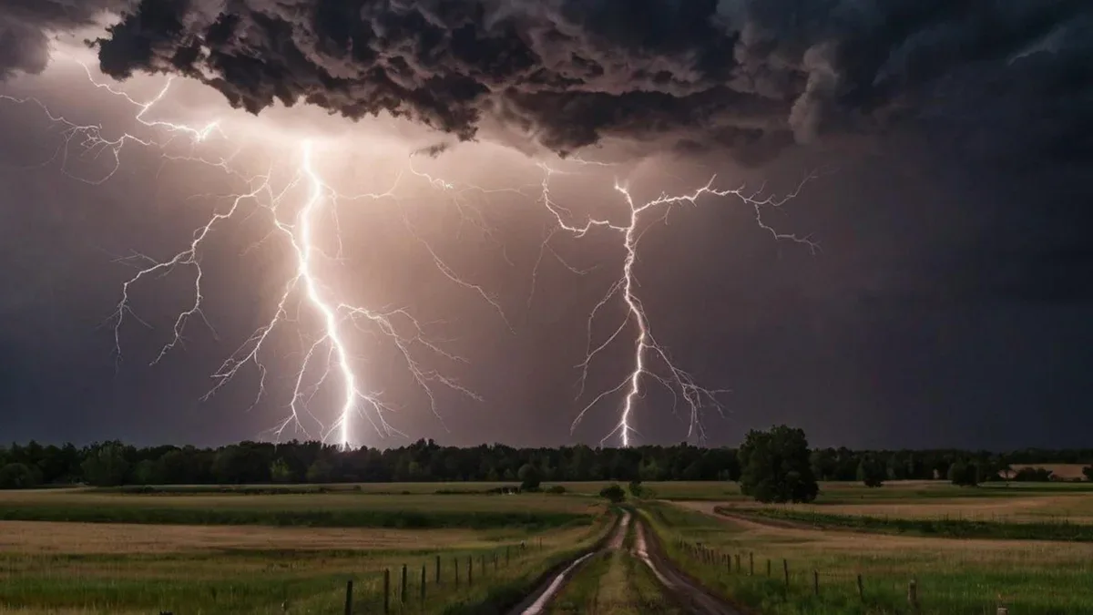 Une tempête arrive sur une route de campagne.