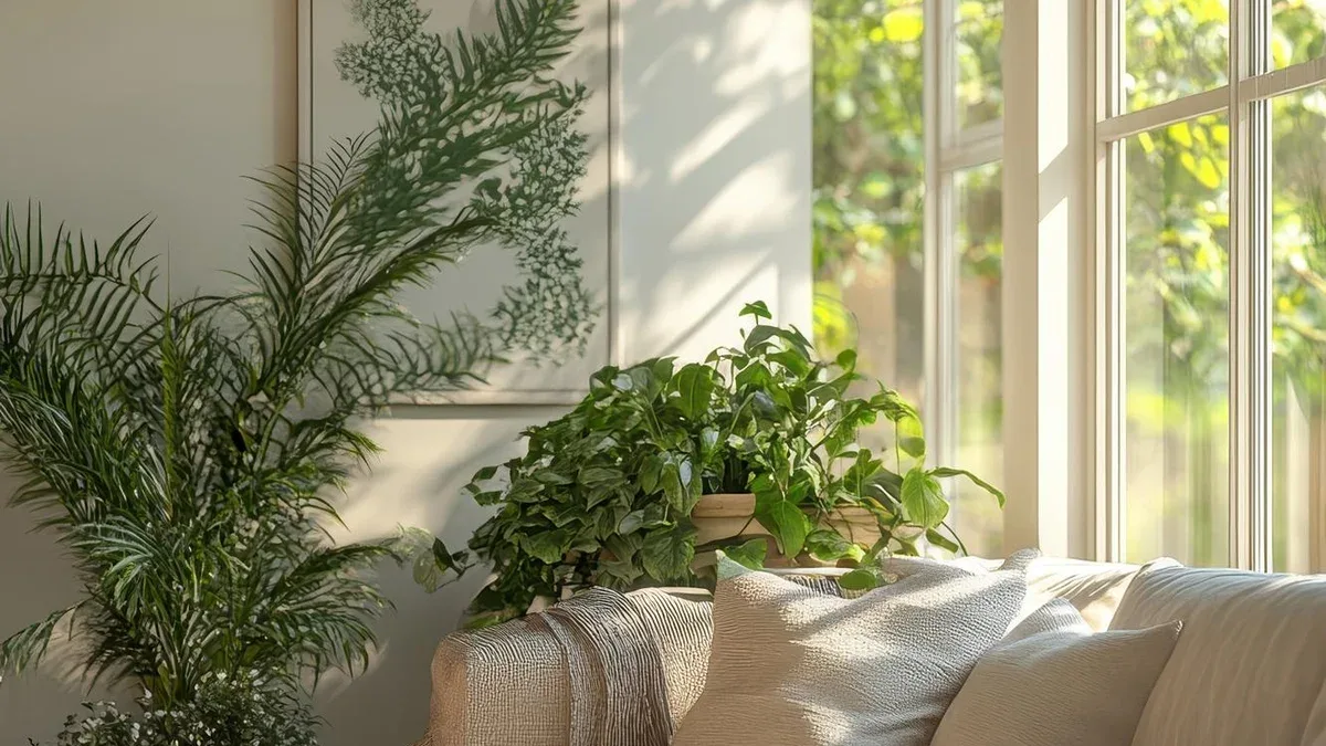 Salon chaleureux éclairé par le soleil avec un canapé moderne et des plantes vertes luxuriantes à côté de grandes fenêtres