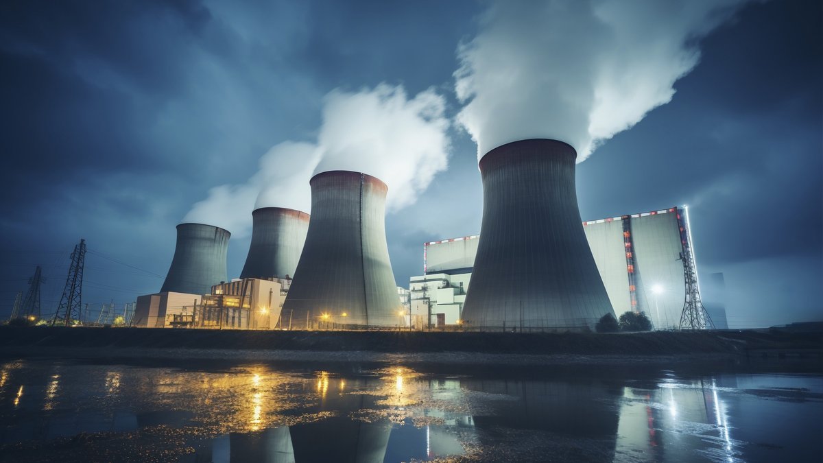 Vue de la centrale nucléaire avec des tours à vapeur
