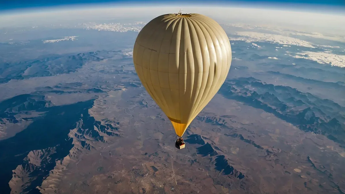 un ballon à air chaud avec une bande jaune vole au-dessus des montagnes