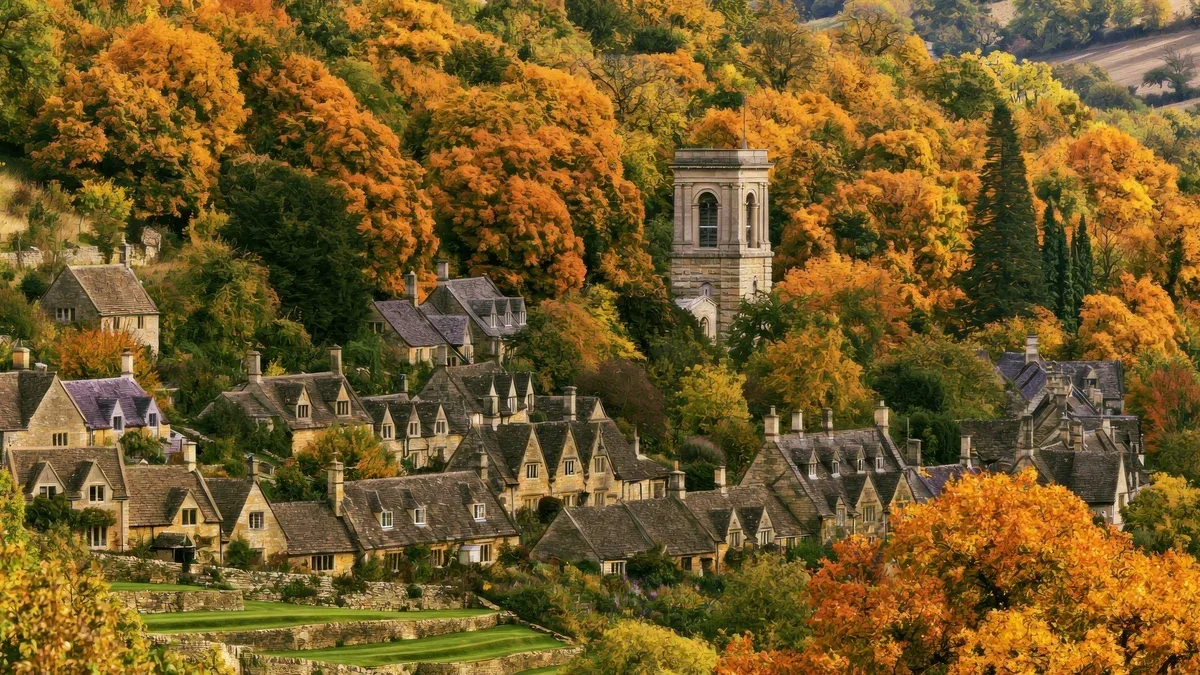 Fond d'écran : village charmant dans un paysage automnal vibrant