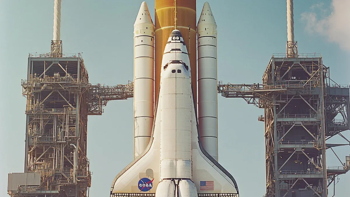 Une navette spatiale sur la rampe de lancement avec ses moteurs principaux et ses propulseurs