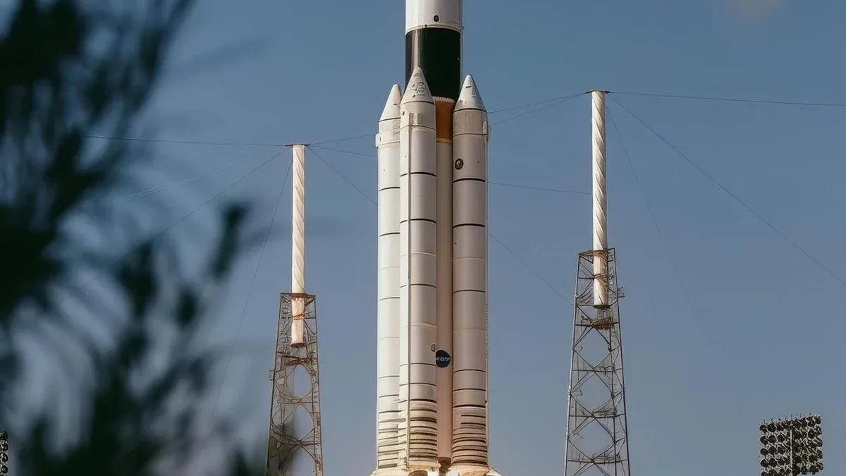 Lancement d'une fusée émettant de la fumée et des traînées de feu contre une exploration spatiale du ciel bleu