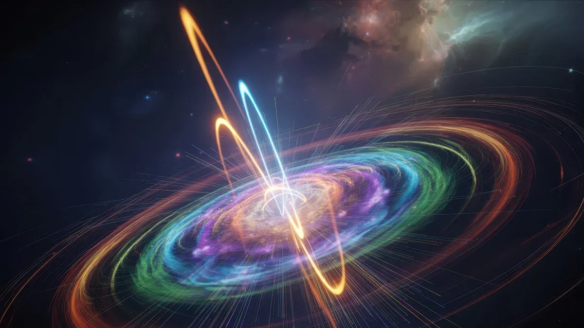 Image abstraite dynamique de faisceaux lumineux colorés tourbillonnants et d'énergies cosmiques lumineuses dans une scène spatiale