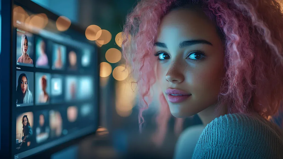 Une jeune femme aux cheveux roses travaille à distance sur une réunion d'équipe vidéo, un appel, une conversation avec des collègues à distance.