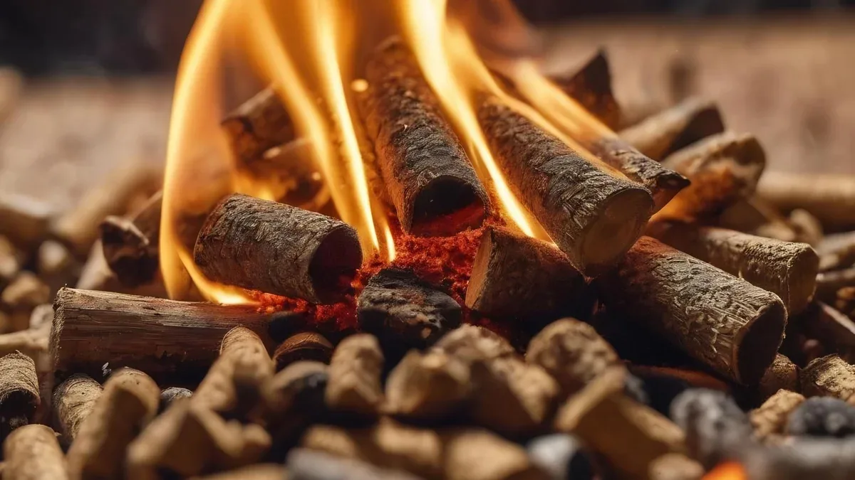 Close-up sur des granulés de bois avec une flamme de démarrage