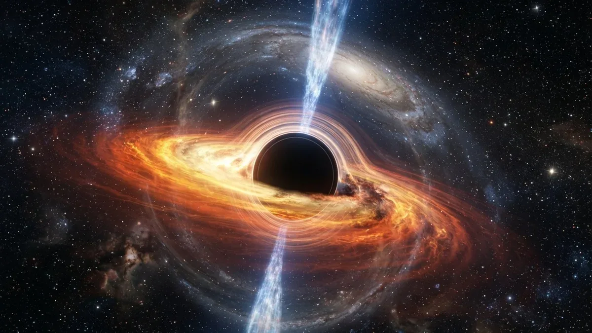 Trou noir dans l'espace avec disque d'accrétion et jets d'énergie